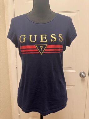 GUESS Navy Tee with Gold Logo and Red Stripes